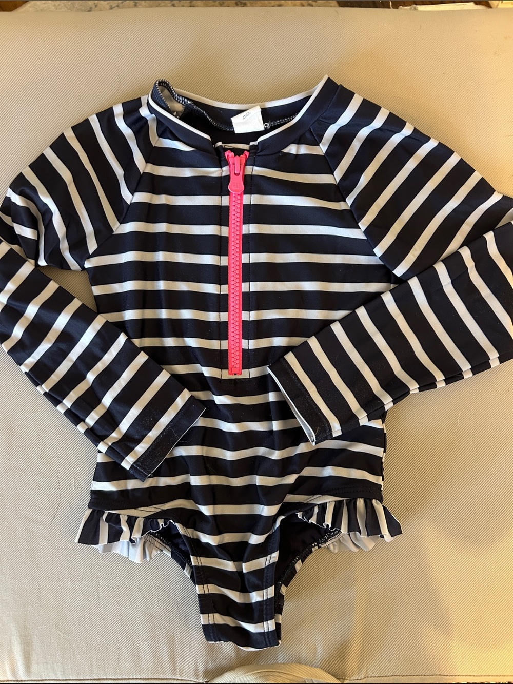 GAP Navy and White Striped One-Piece Swimsuit with Pink Zip (some wear in pic)